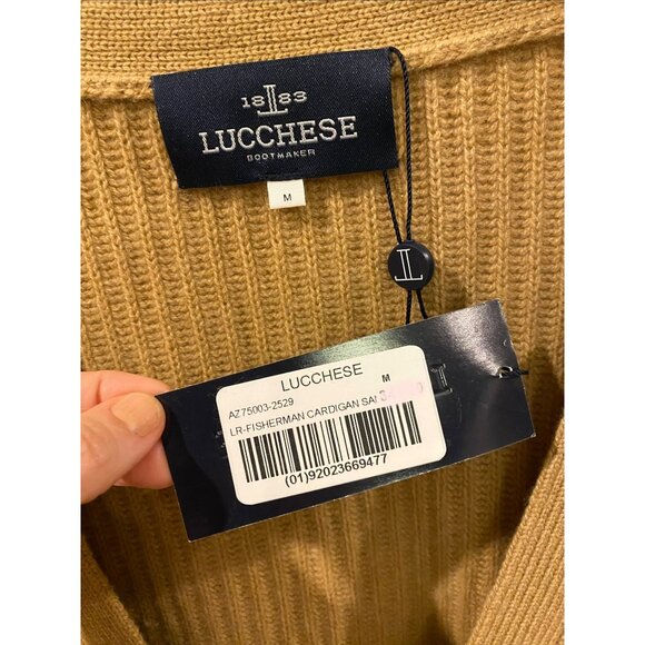 Lucchese 100% Cashmere Fisherman Rib Cardigan size M Camel Tan NWT - Picture 5 of 9